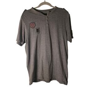 Large Mens Grey Henley Patch Shirt Steve Jeans Casual Grunge Indie StreetWear